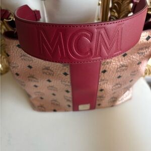 MCM Pink and Tan Shoulder Bag with Signature Monogram